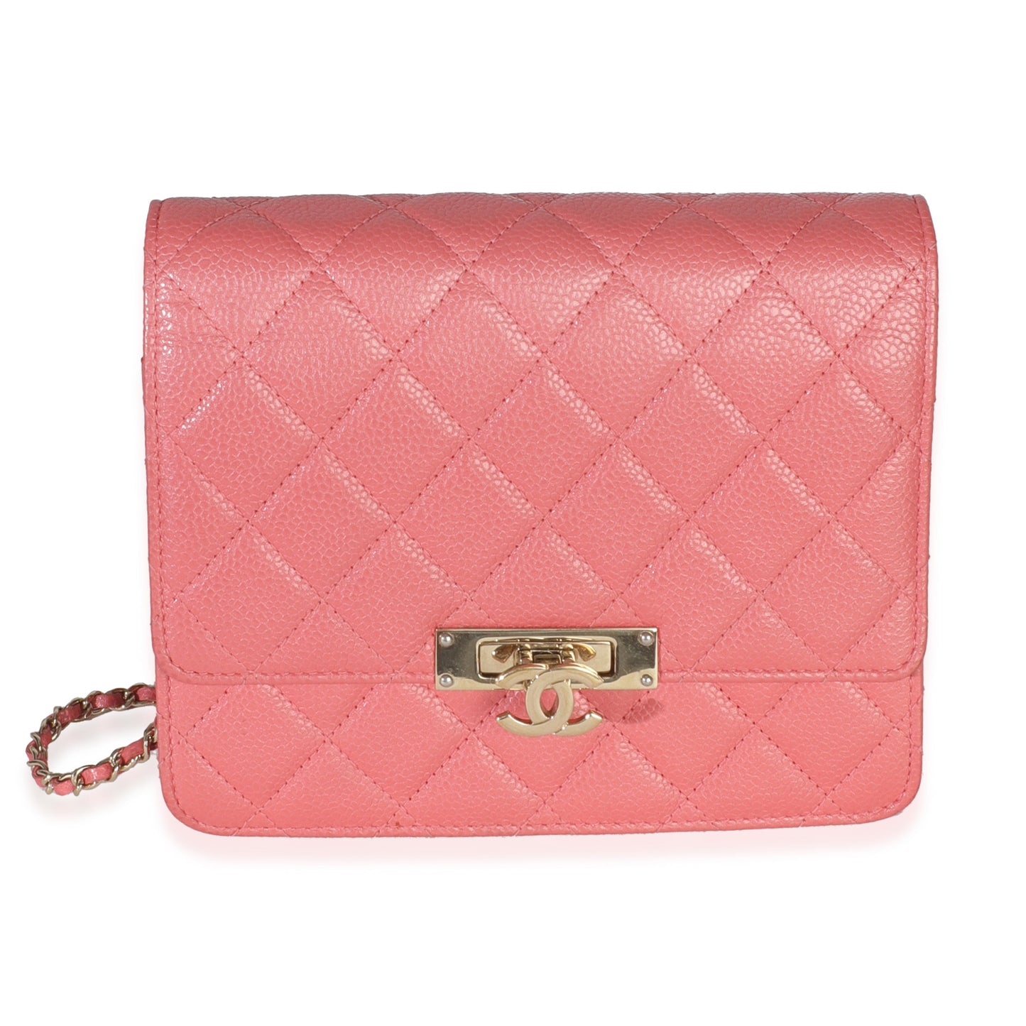 Chanel Pink Iridescent Quilted Caviar Golden Class Square Wallet On Chain