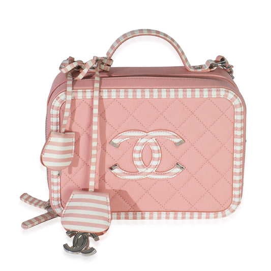 Chanel Pink Quilted Caviar Striped Medium CC Filigree Vanity Case