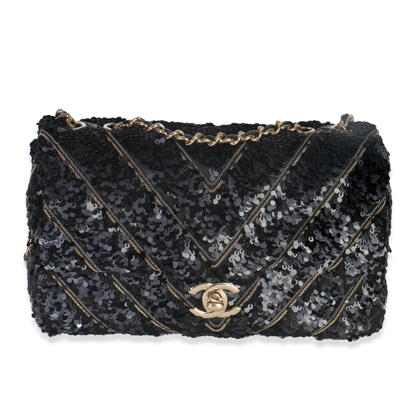 Chanel Black Silk Sequin Chain Chevron Mini Single Flap Bag