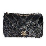 Chanel Black Silk Sequin Chain Chevron Mini Single Flap Bag