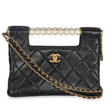 Chanel 25P Black Shiny Quilted Lambskin Pearl Small Shopping Bag