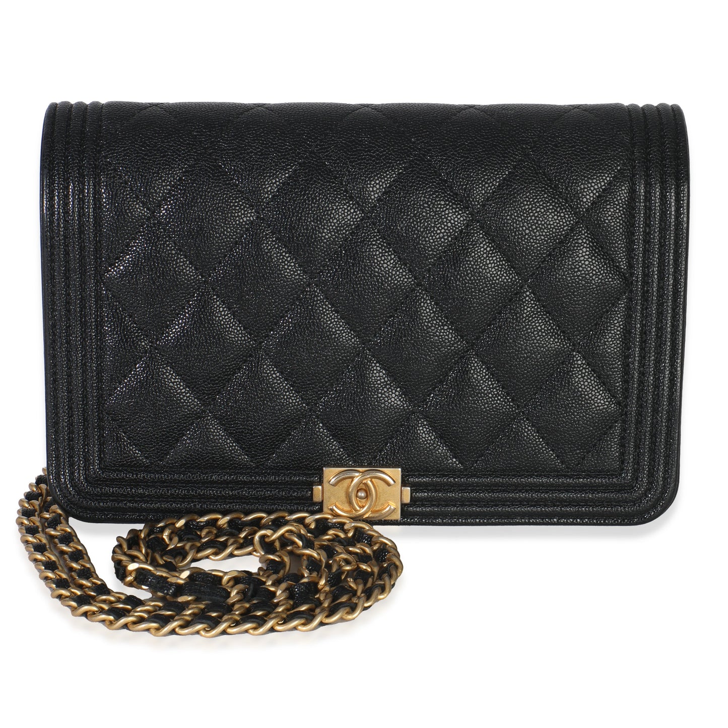 Chanel Black Quilted Caviar Boy Wallet On Chain