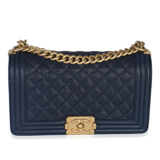 Chanel Navy Quilted Caviar Old Medium Boy Bag