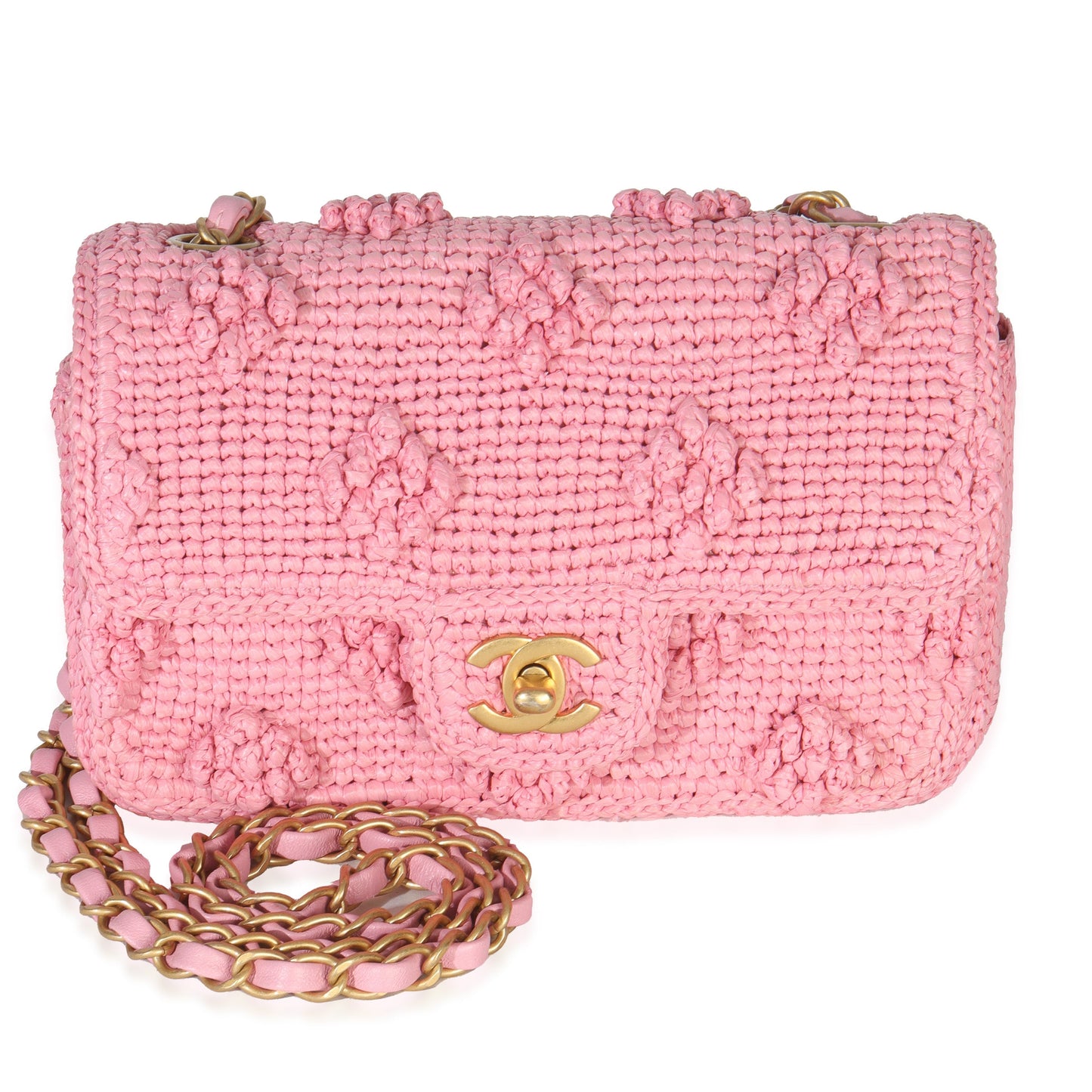 Chanel 24P Pink Raffia Braided Flower Small Dolce Flap Bag