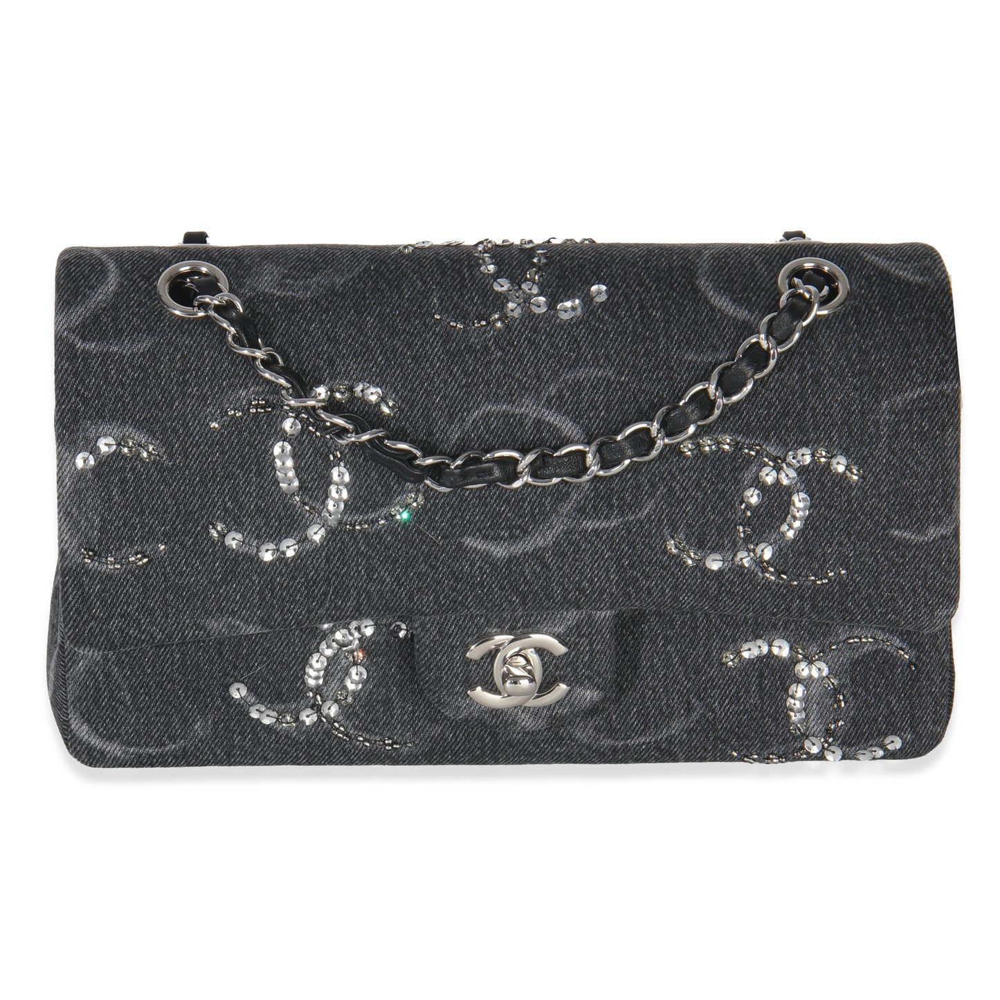 Chanel Black Denim Sequin CC Medium Classic Double Flap Bag