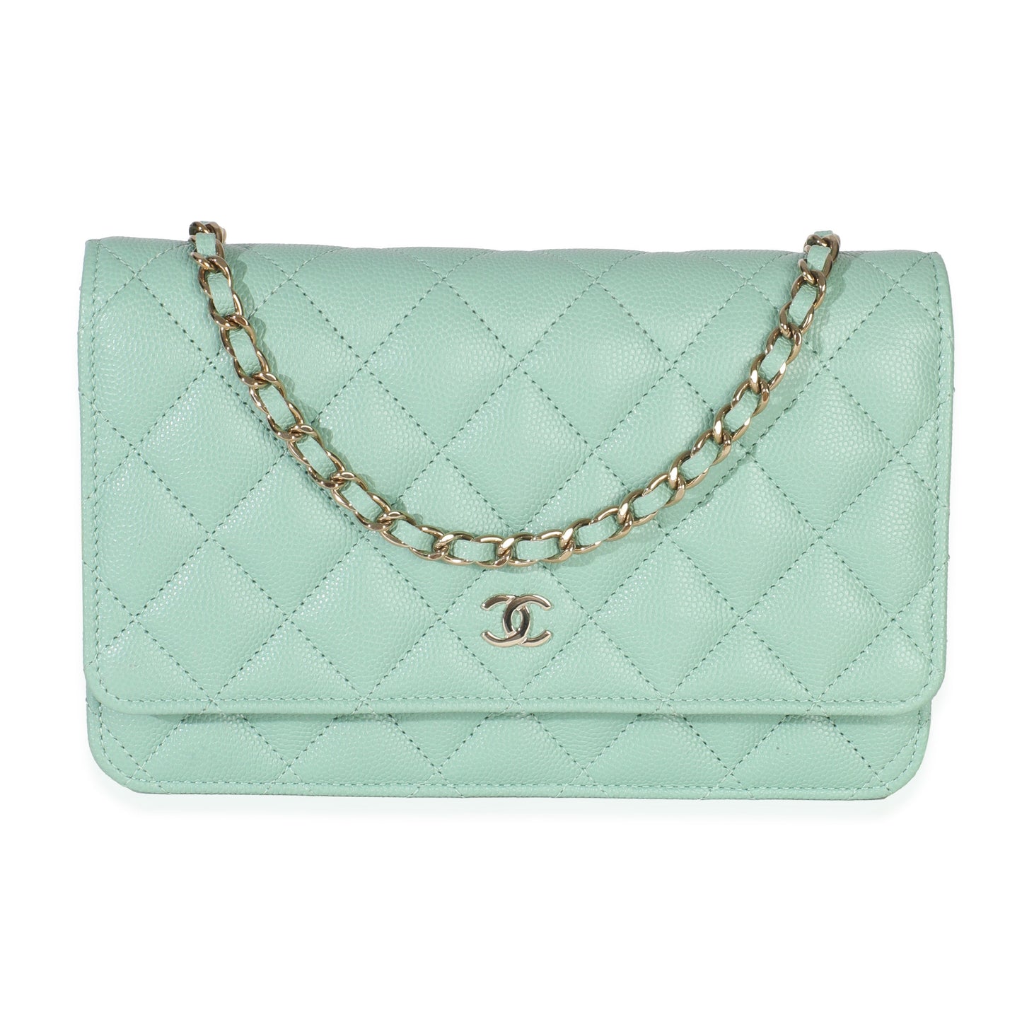 Chanel Light Green Quilted Caviar Classic Wallet On Chain