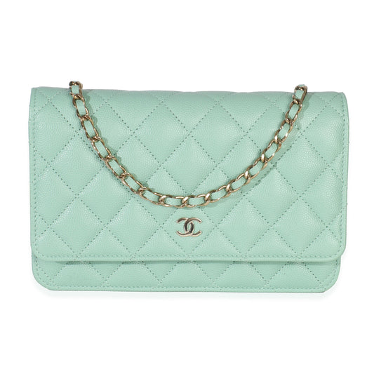 Chanel Light Green Quilted Caviar Classic Wallet On Chain