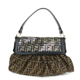 FENDI Zucca Canvas Leather Sequined Shoulder Bag Brown 8BR436