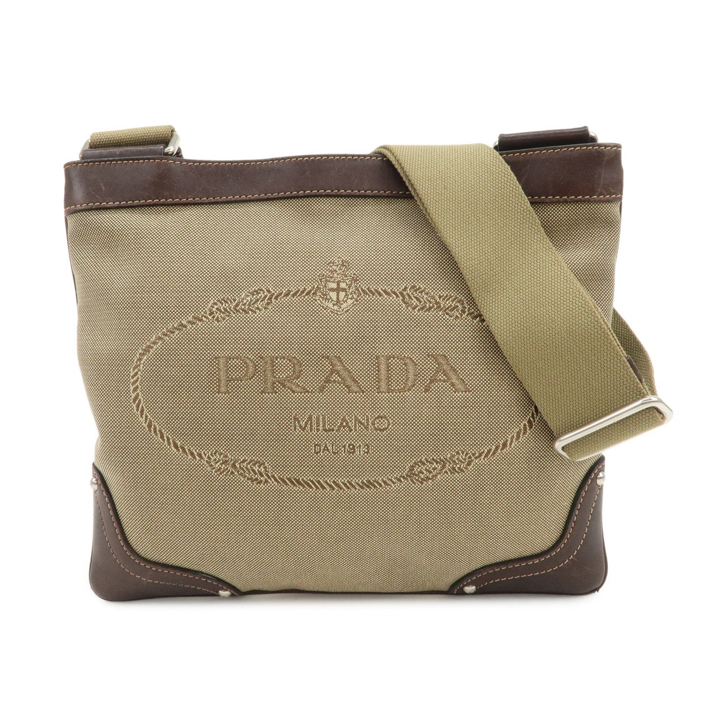 PRADA Logo Jacquard Leather Shoulder Bag Beige Brown BT0537