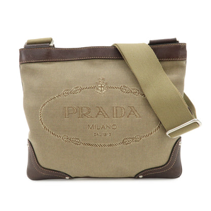 PRADA Logo Jacquard Leather Shoulder Bag Beige Brown BT0537