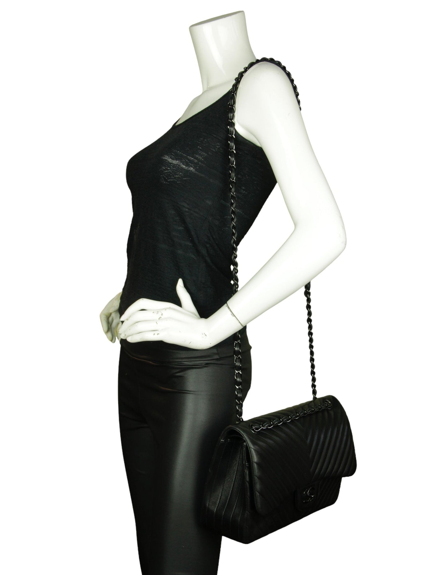 Chanel SO Black Lambskin Chevron Double Flap Jumbo