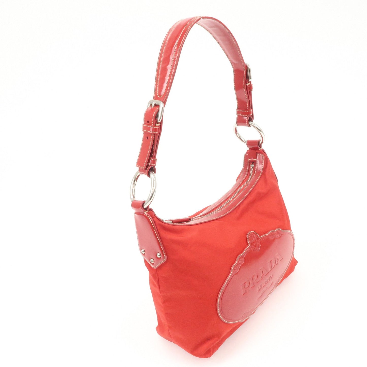 PRADA Logo Nylon Leather Shoulder Bag  Silver HDW Red  d