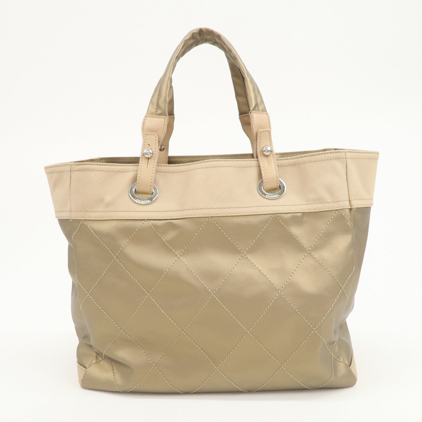 CHANEL Paris Biarritz MM PVC Canvas Tote Bag Hand Bag Beige A34209