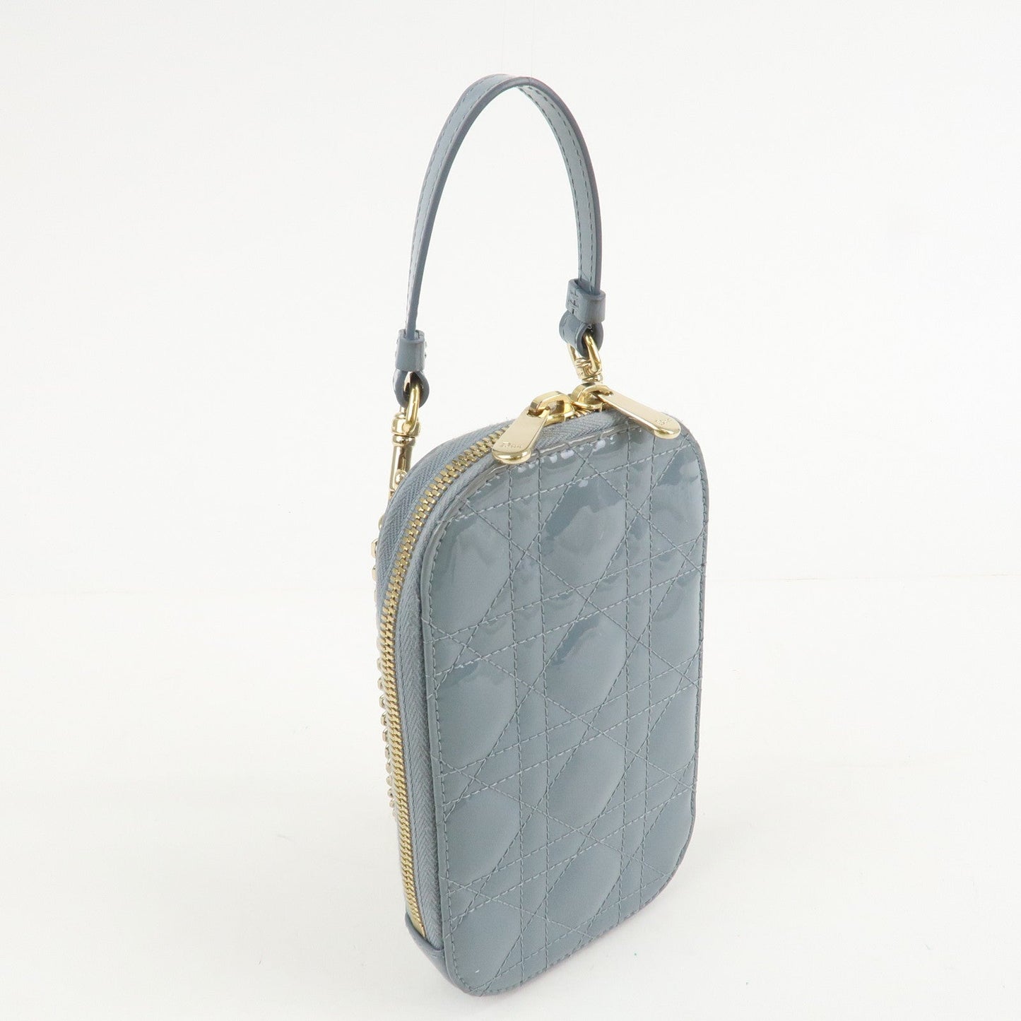 Christian Dior Lady Dior Cannage Patent Leather Phone Holder Light Blue  d