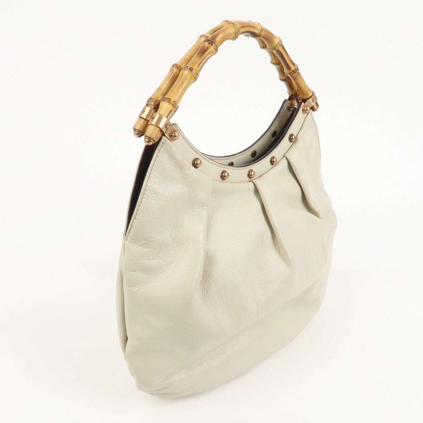 GUCCI Bamboo Leather Studs Shoulder Bag Hand Bag Ivory 124297
