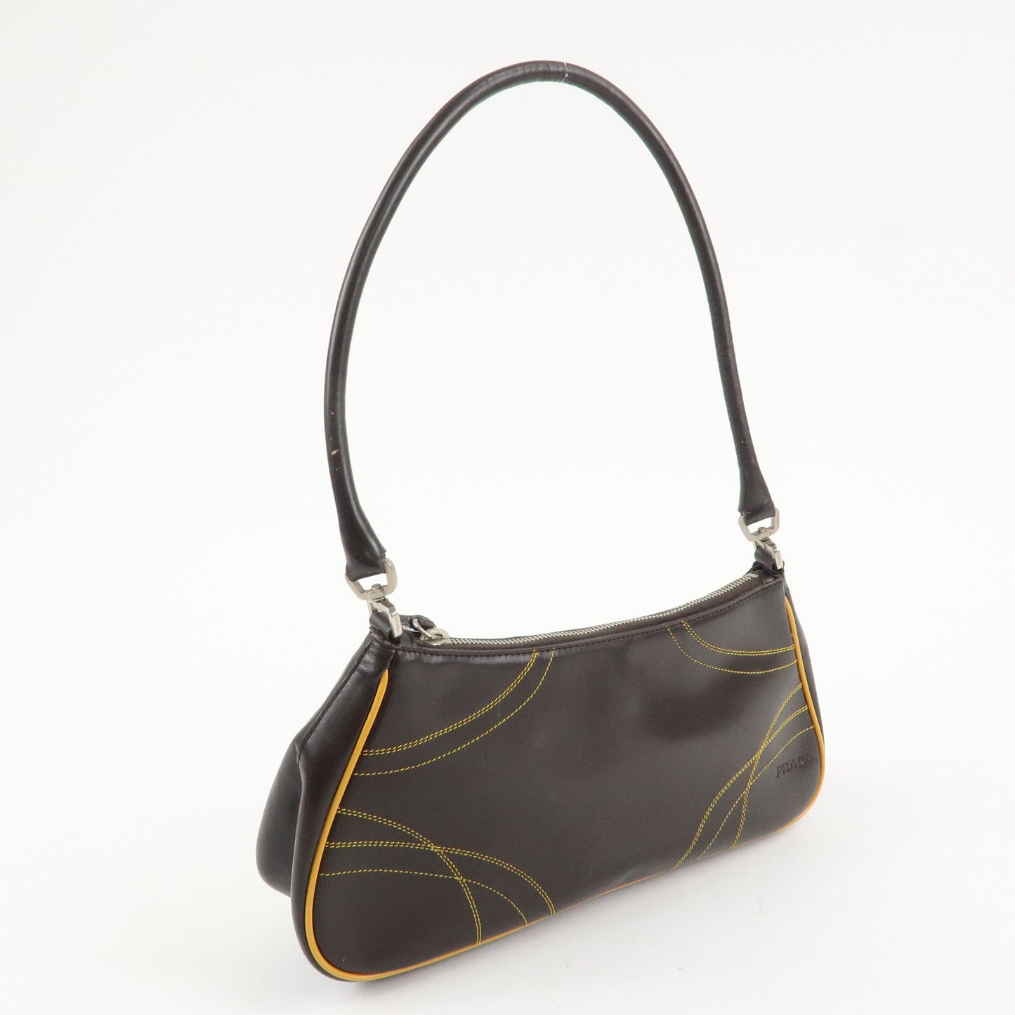 PRADA Logo Leather Shoulder Bag Hand Bag Brown Yellow B11055  d