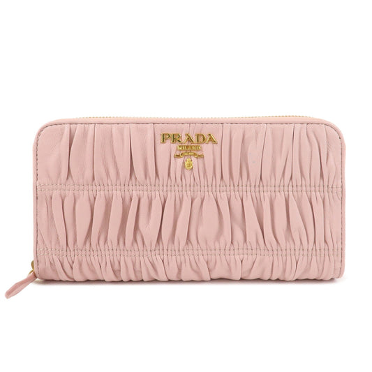 PRADA Leather Gather Round Zippy Wallet Gold Hardware Pink 1M0506  d