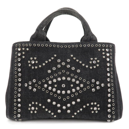 PRADA Canapa Mini Canvas Studs 2Way Shoulder Bag Hand Bag Black B2439G  d