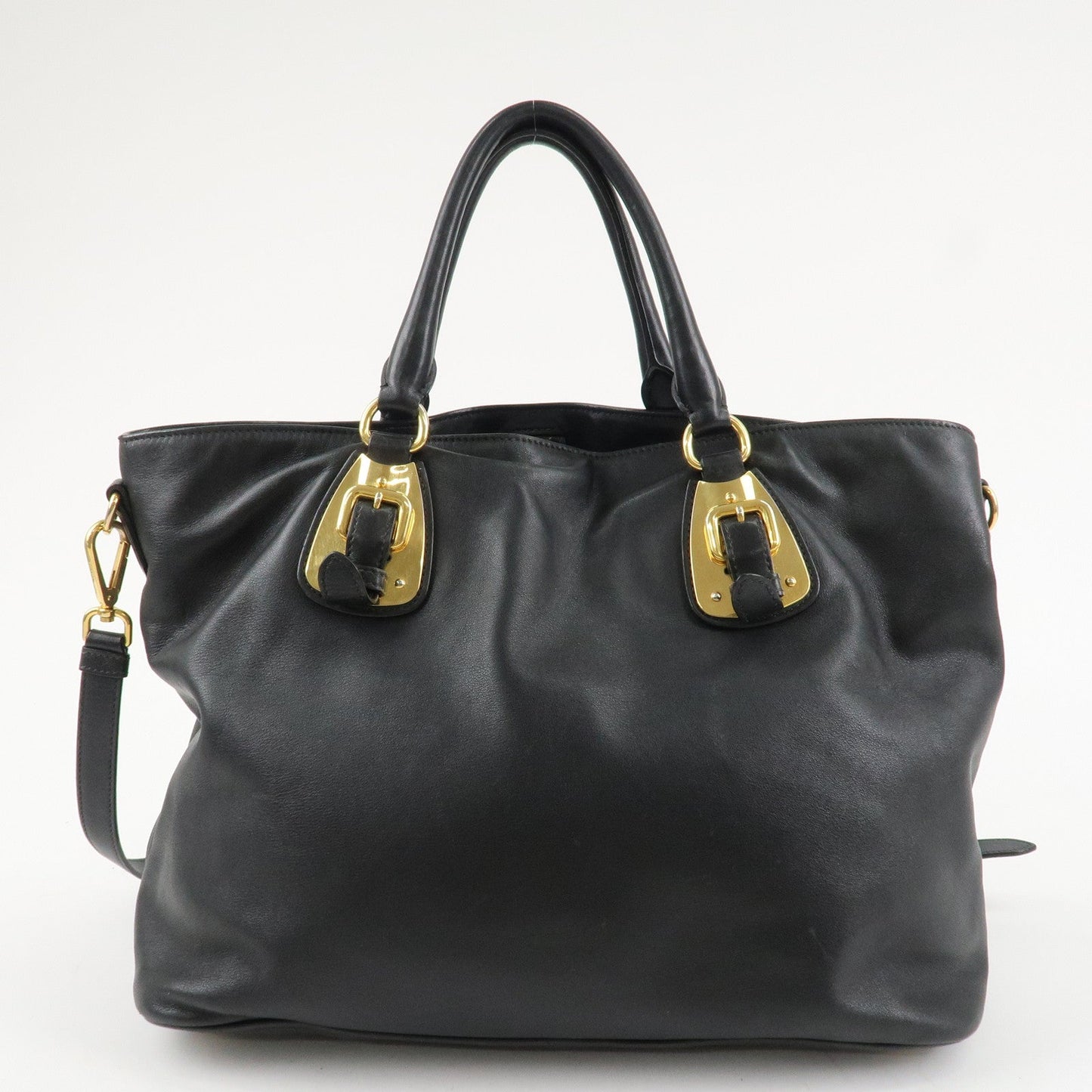PRADA Logo Calf Leather 2Way Tote Bag Hand Bag Black Gold HDW BN1902  d