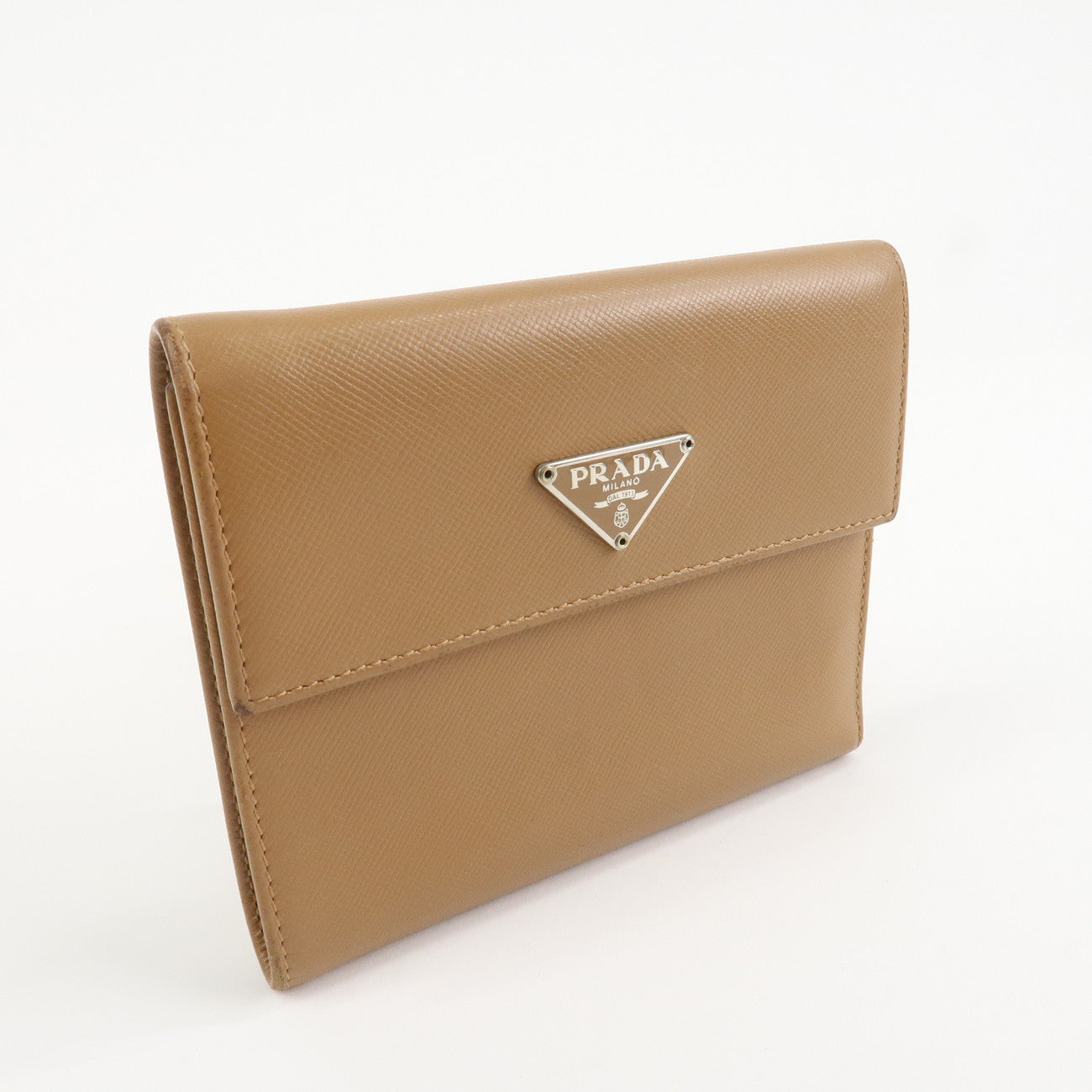 PRADA Triangle Logo Saffiano Leather Trifold Wallet Brown  d