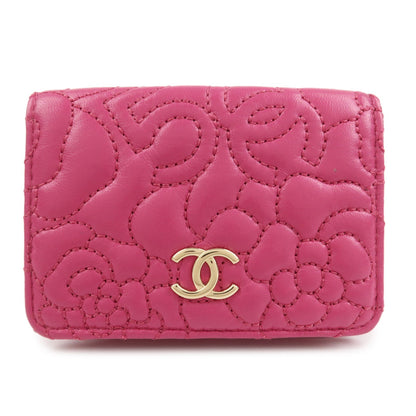 CHANEL COCO Mark Lamb Skin Tri-fold Compact Wallet Pink
