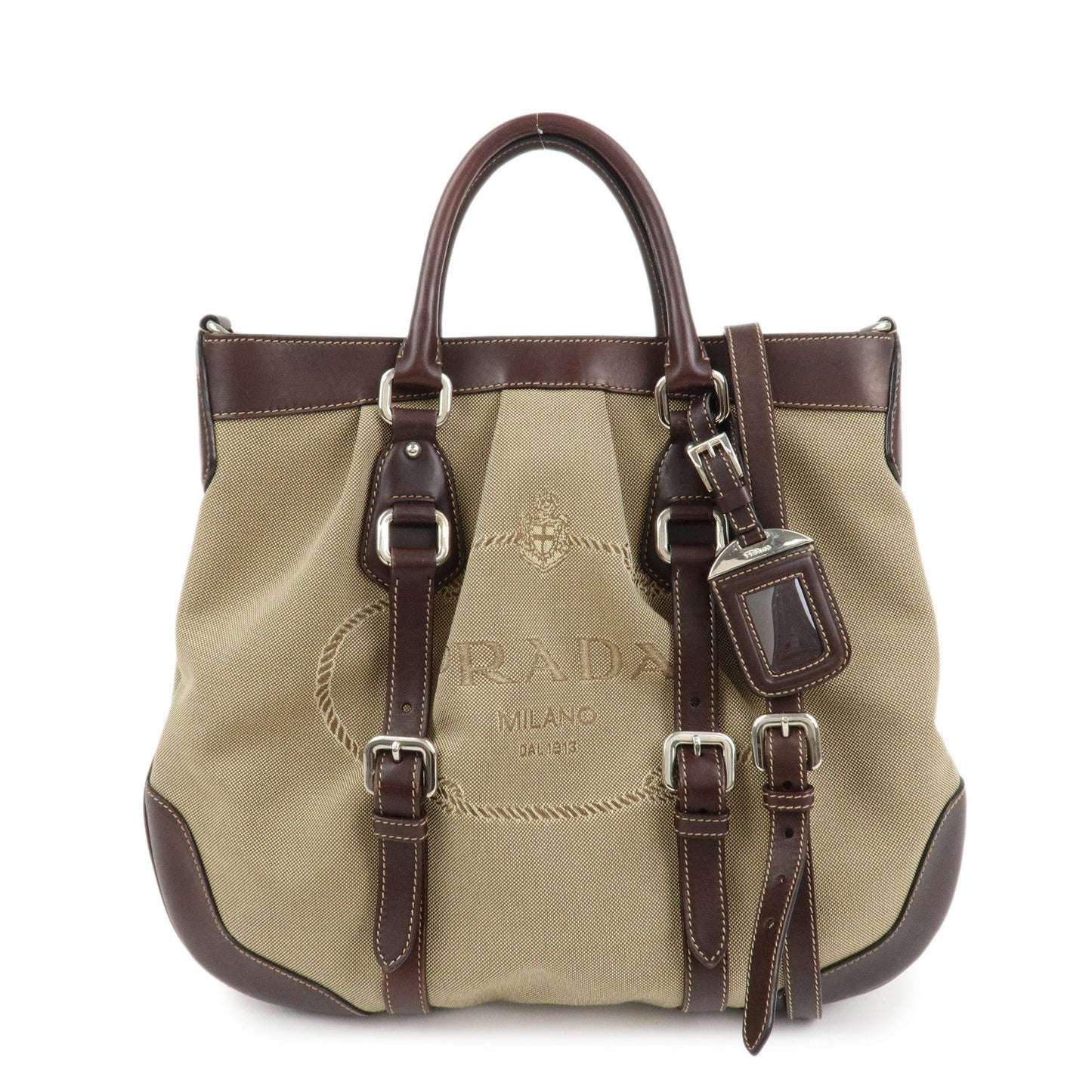 PRADA Logo Jaguard Leather 2way Hand Bag Beige Brown BN1184