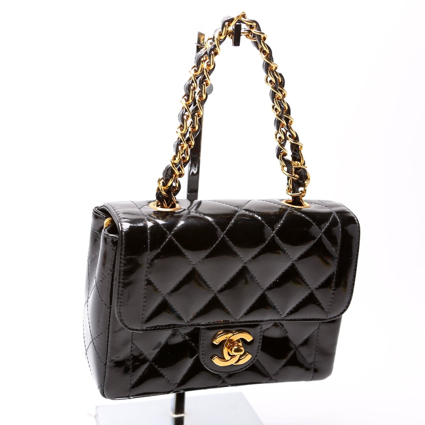 Chanel CC Double Chain Handle Mini Flap Patent   Bag