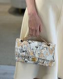 Chanel Peach and White   Coco Print Classic Medium Double Flap Bag in Fabric with Brushed Gold Hardware