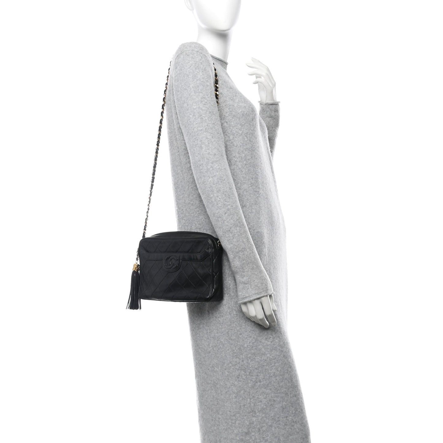 Amelia Lambskin Quilted Tassel Camera Case Black