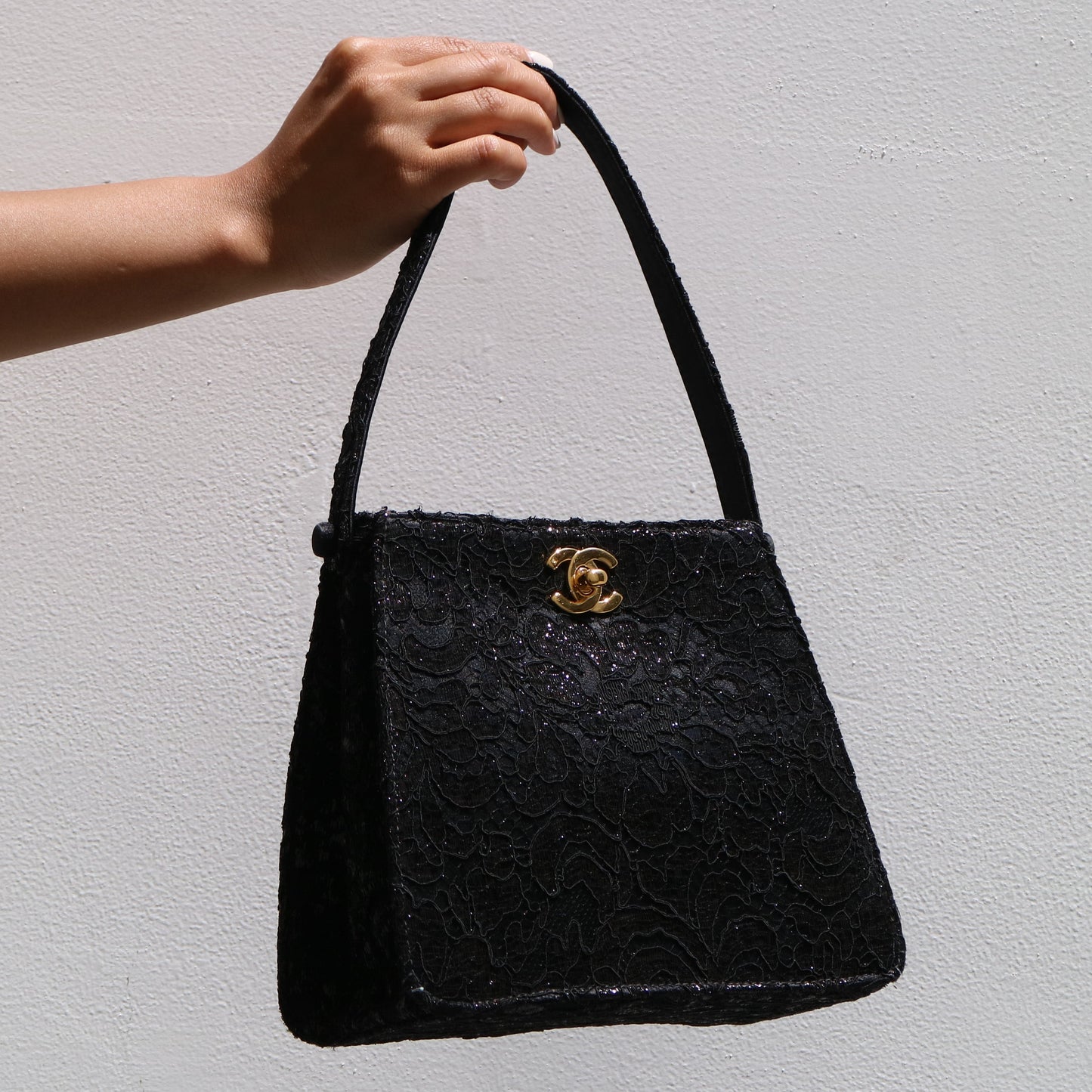 CHANEL 1997-1999 Black Satin Lace Both Side Turnlock Handbag 81287