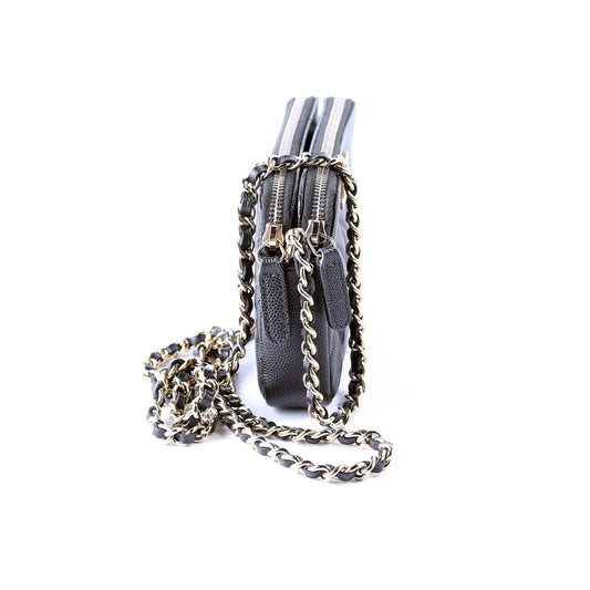 Chanel CC Double Zip Clutch With Chain Caviar Black Bag
