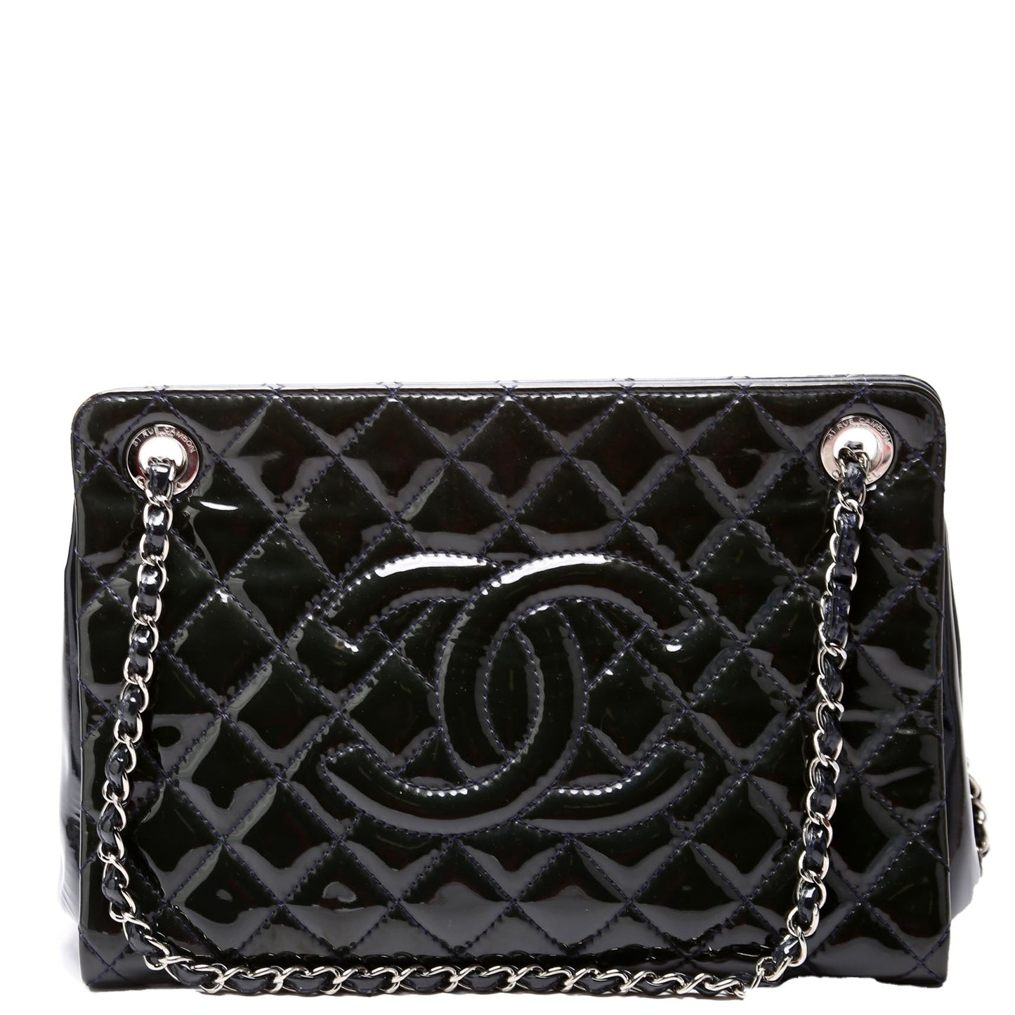 Chanel Petite Timeless CC Tote Quilted Patent 17M Blue Bag