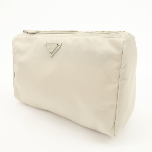 PRADA Triangle Logo Nylon Cosmetic Pouch Makeup Bag Ivory 1NA012