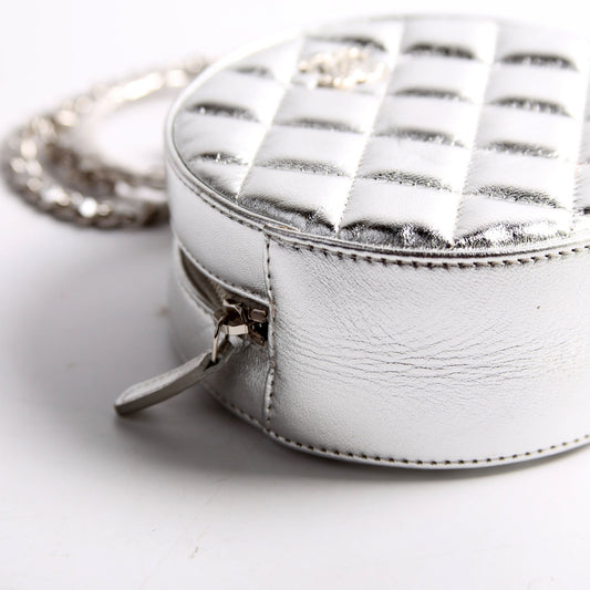 Chanel Metallic Quilted Round Bracelet Clutch With Chain Silver Bag