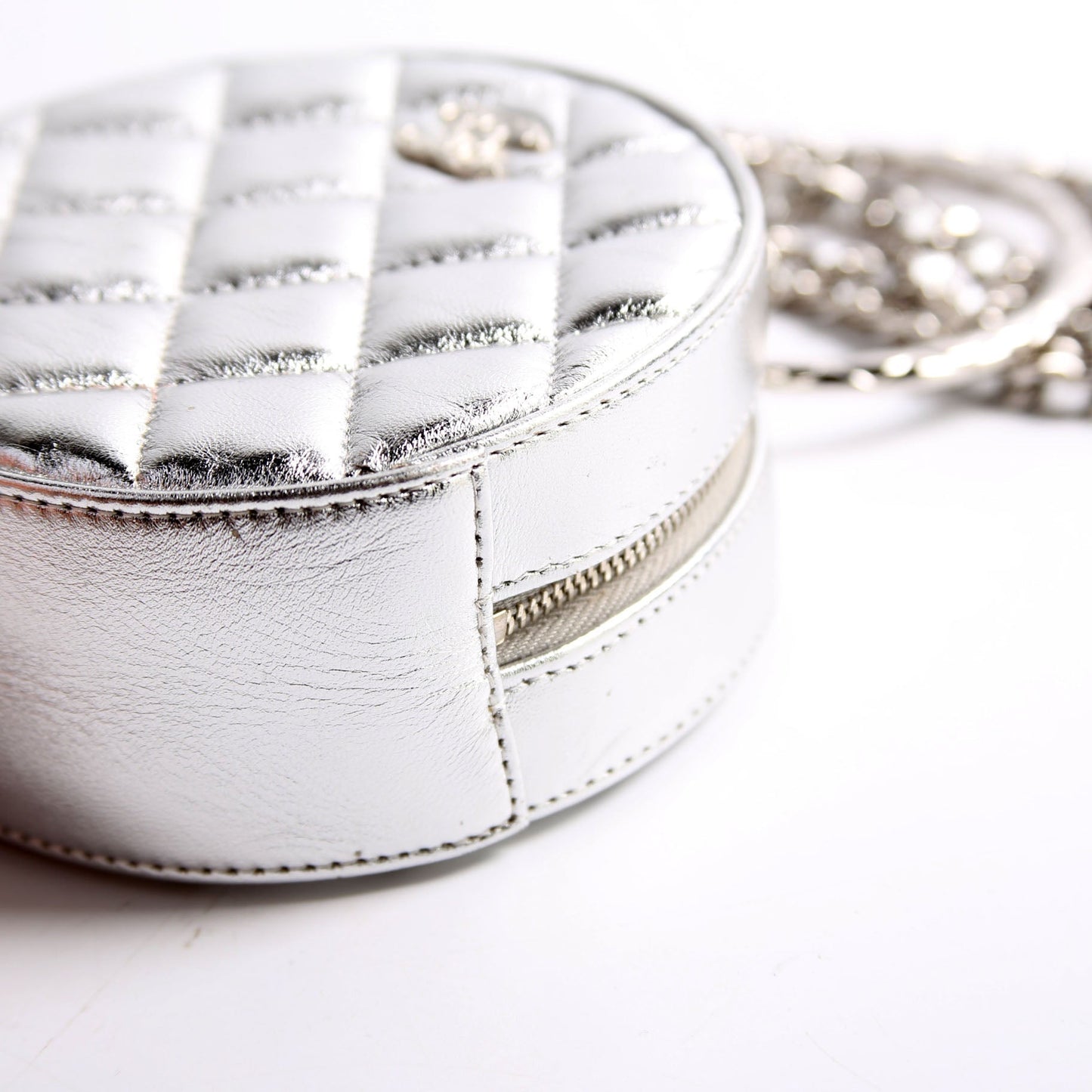 Chanel Metallic Quilted Round Bracelet Clutch With Chain Silver Bag
