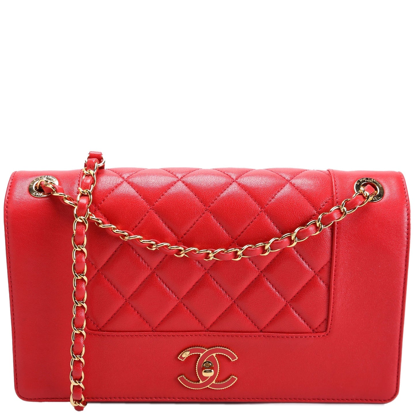 Chanel Mademoiselle   Flap Quilted Shiny Sheepskin Red/Gold Bag