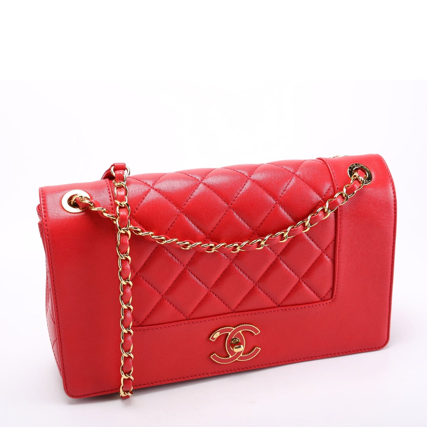 Chanel Mademoiselle   Flap Quilted Shiny Sheepskin Red/Gold Bag