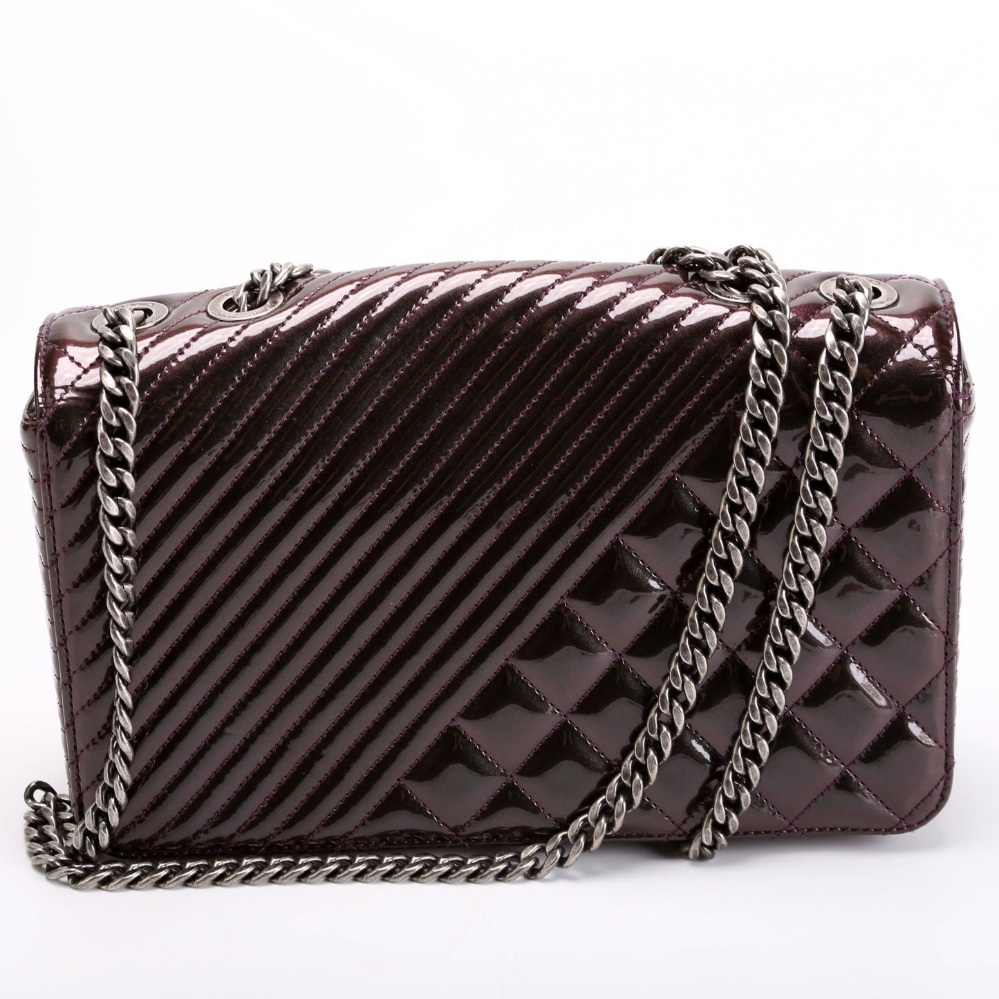 Chanel Coco Boy Flap Patent Iridescent Medium 21M Plum Bag