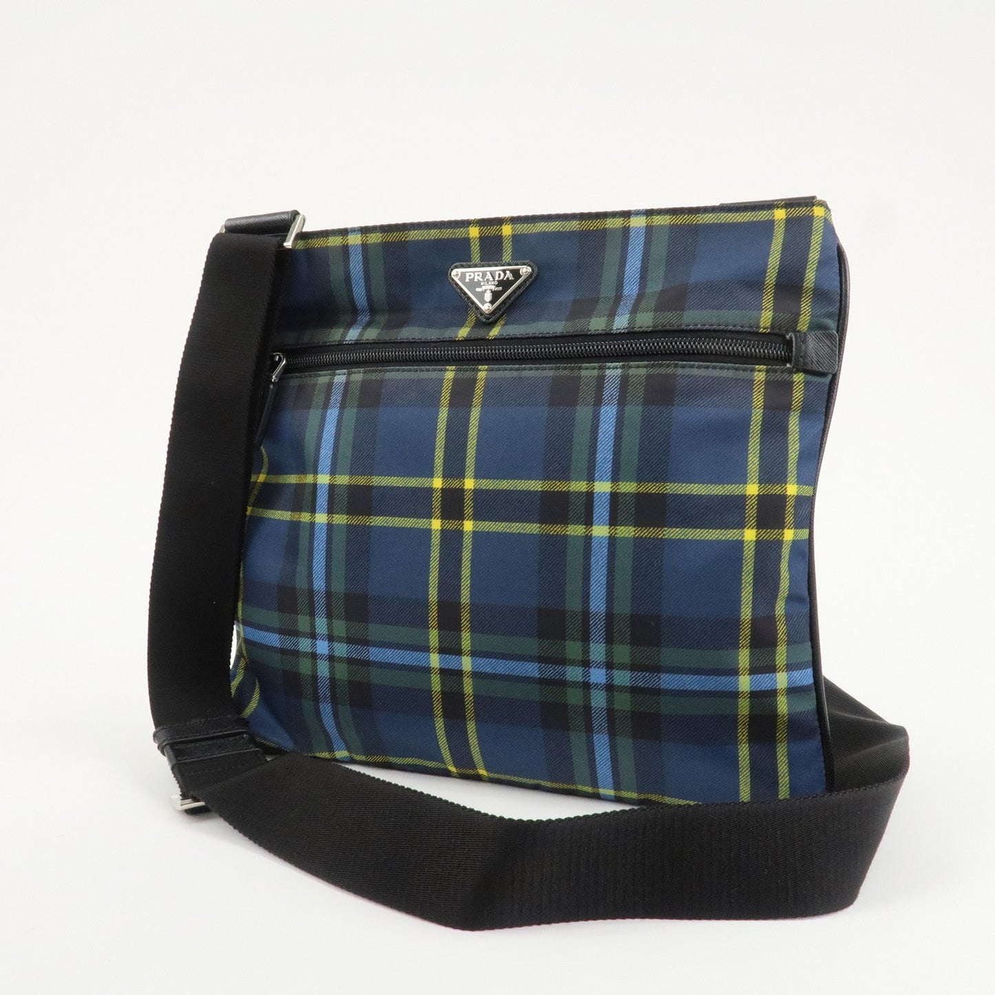 PRADA Triangle Logo Nylon Plaid Shoulder Bag Navy Multicolor VA053M  d