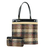 BURBERRY Tweed Patend leaether Suede Tote Bag Beige Black