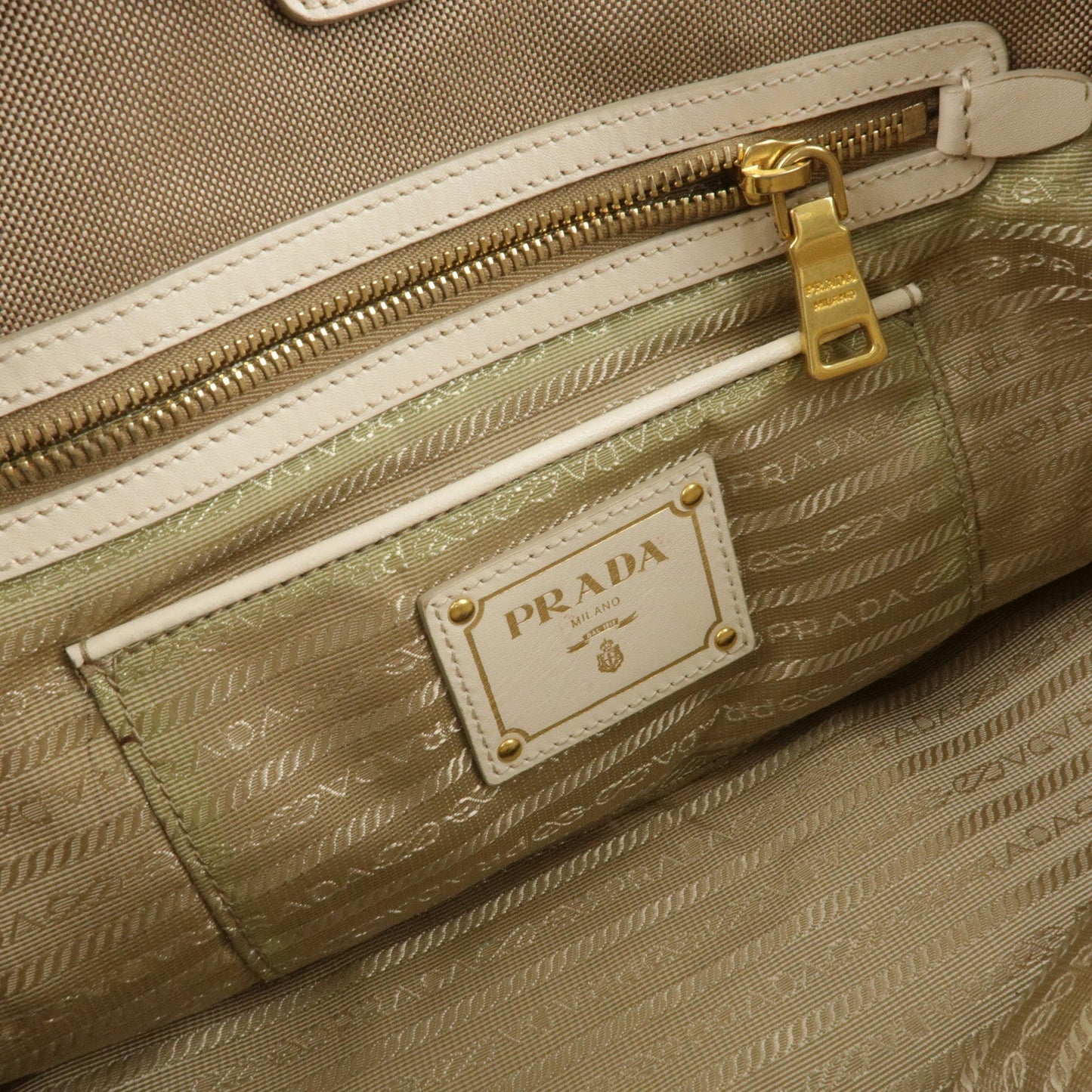 Prada Logo Jacquard Leather 2Way Bag Hand Bag Beige BN1841