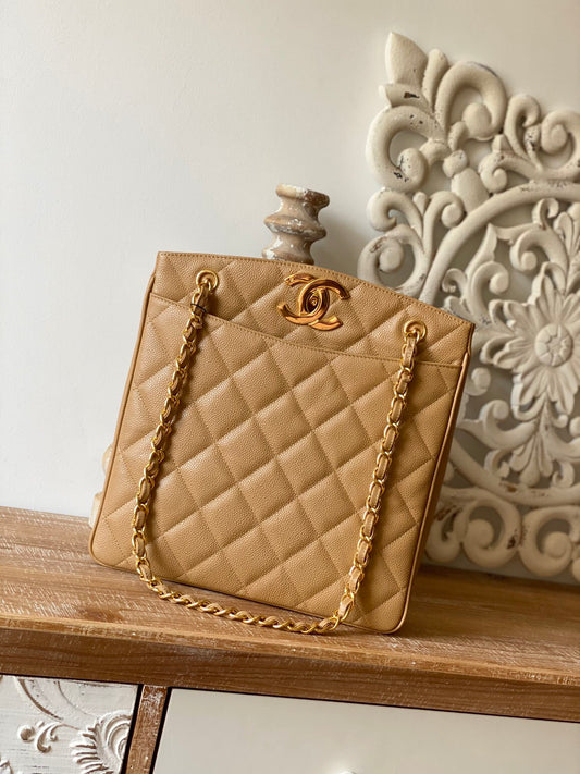 CHL - Vintage Beige Large Quilted Caviar Tote Bag For Women 28cm/11in