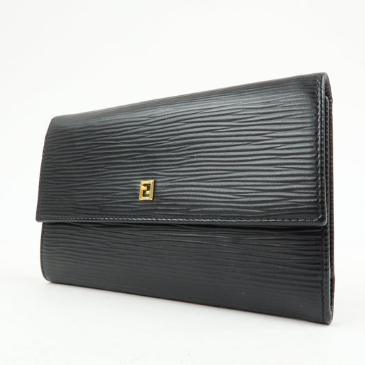 FENDI Embossed Leather Long Flap Wallet Black 30858