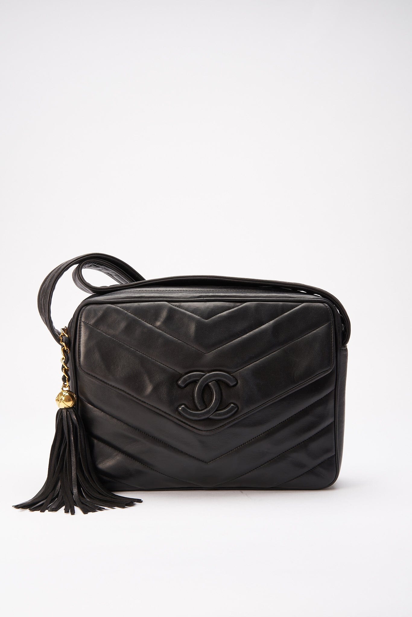 Chanel Quilted Chevron All Black Camera Crossbody Bag