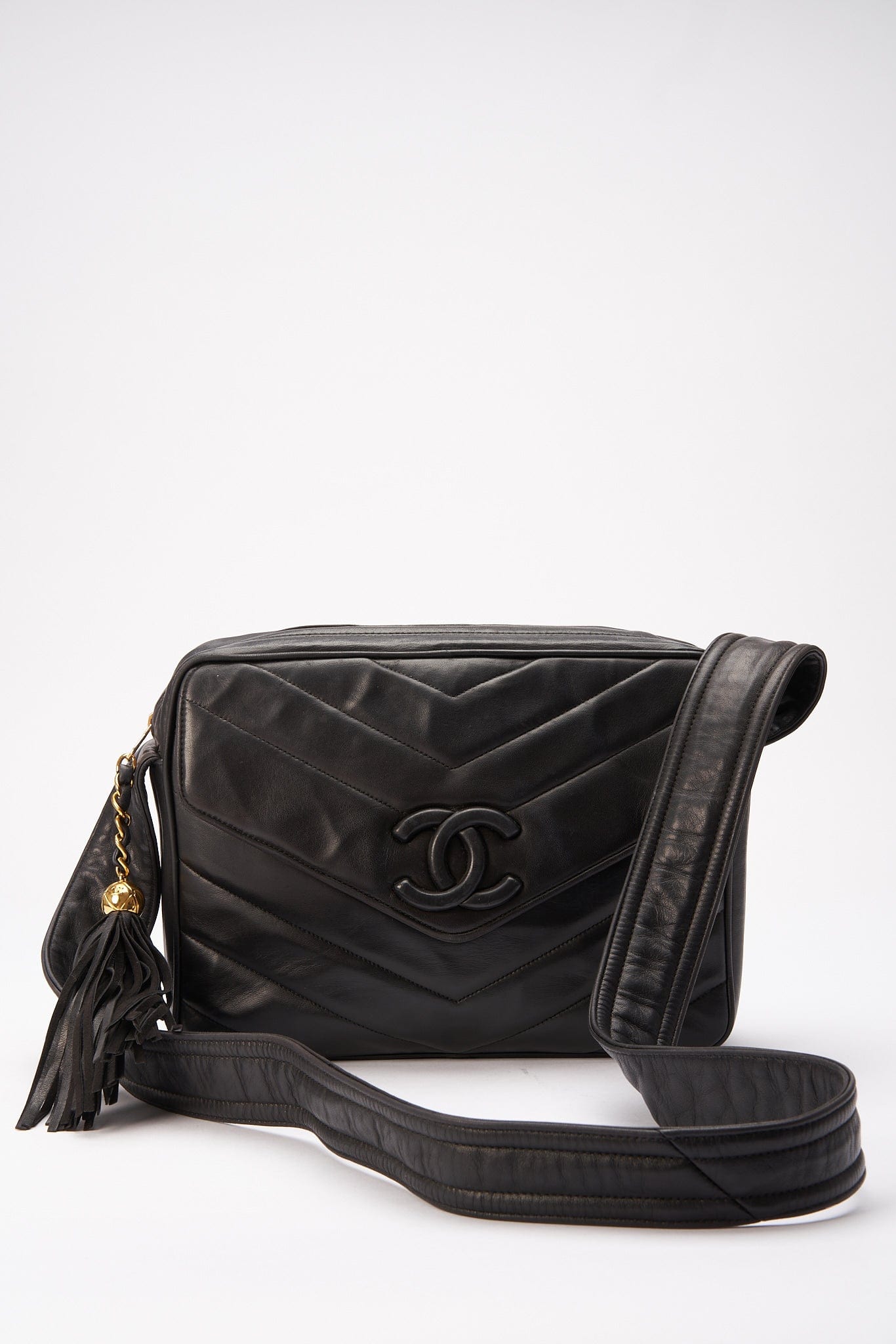 Chanel Quilted Chevron All Black Camera Crossbody Bag