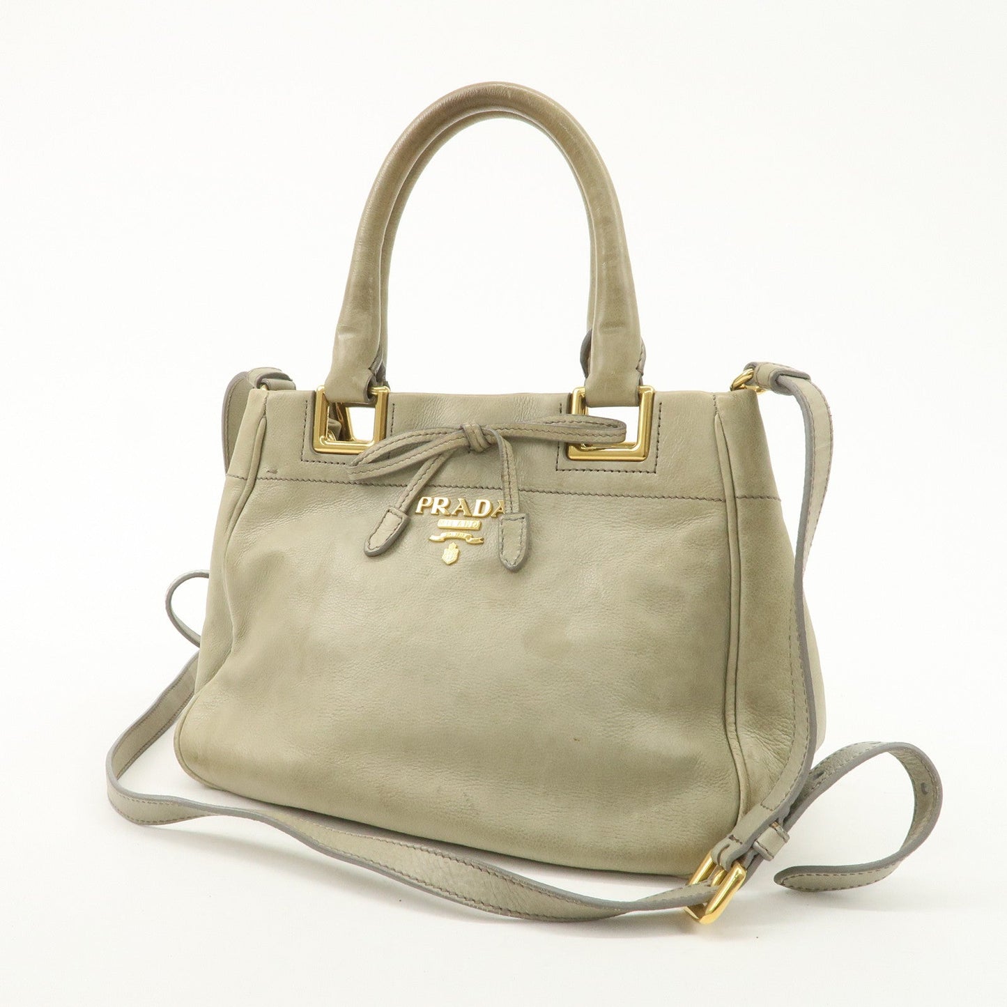 PRADA Logo Ribon Leather 2WAY Tote Bag Hand Bag Beige Gold HDW BN2245  d