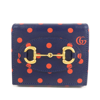 GUCCI Horsebit Dot Pattern Leather Bifold Wallet Navy Red 621891  d