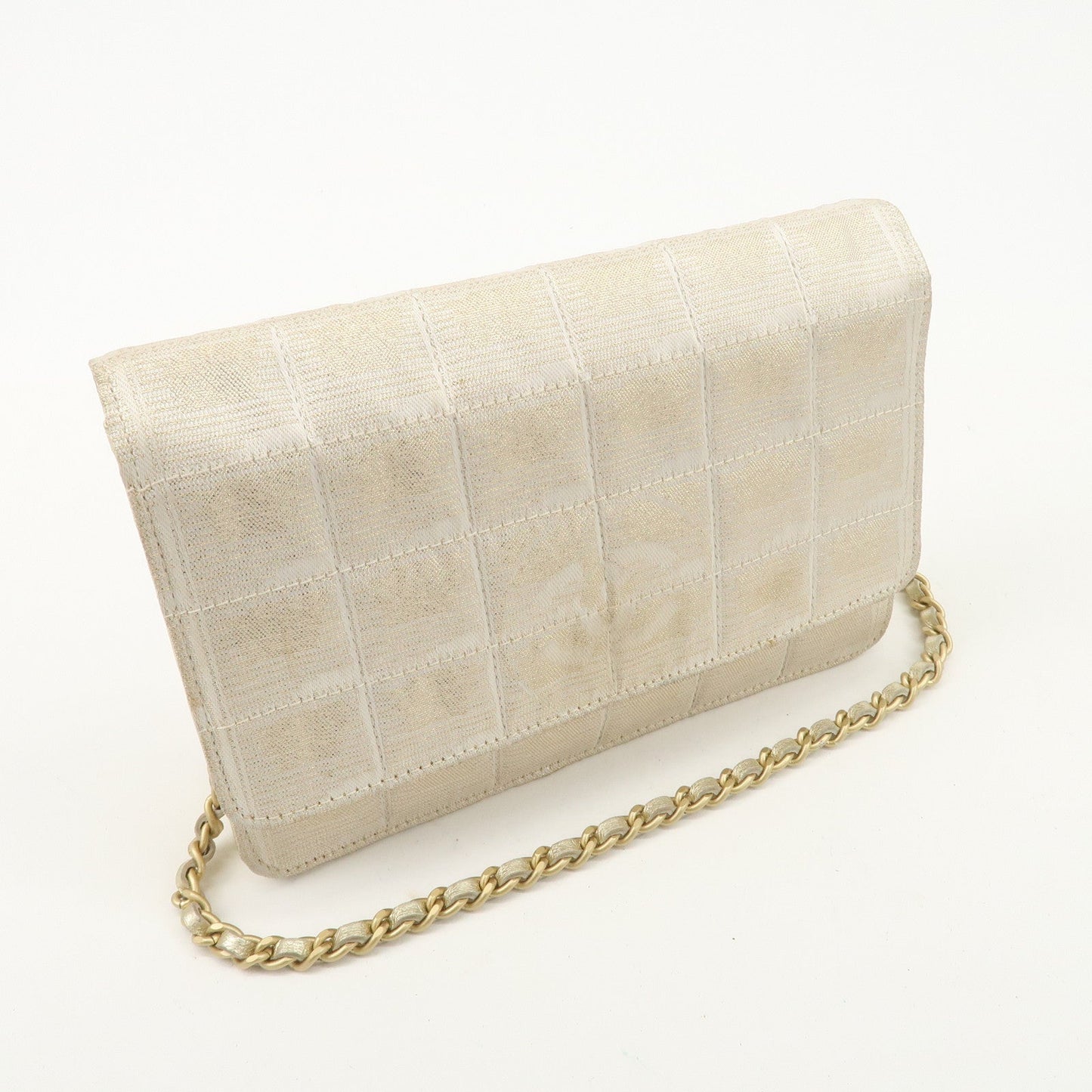 Chanel New Travel Line Nylon Jacquard Leather Chain Wallet Gold A15772  d