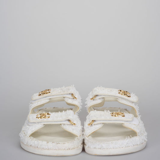 Chanel White Tweed Sandals 39