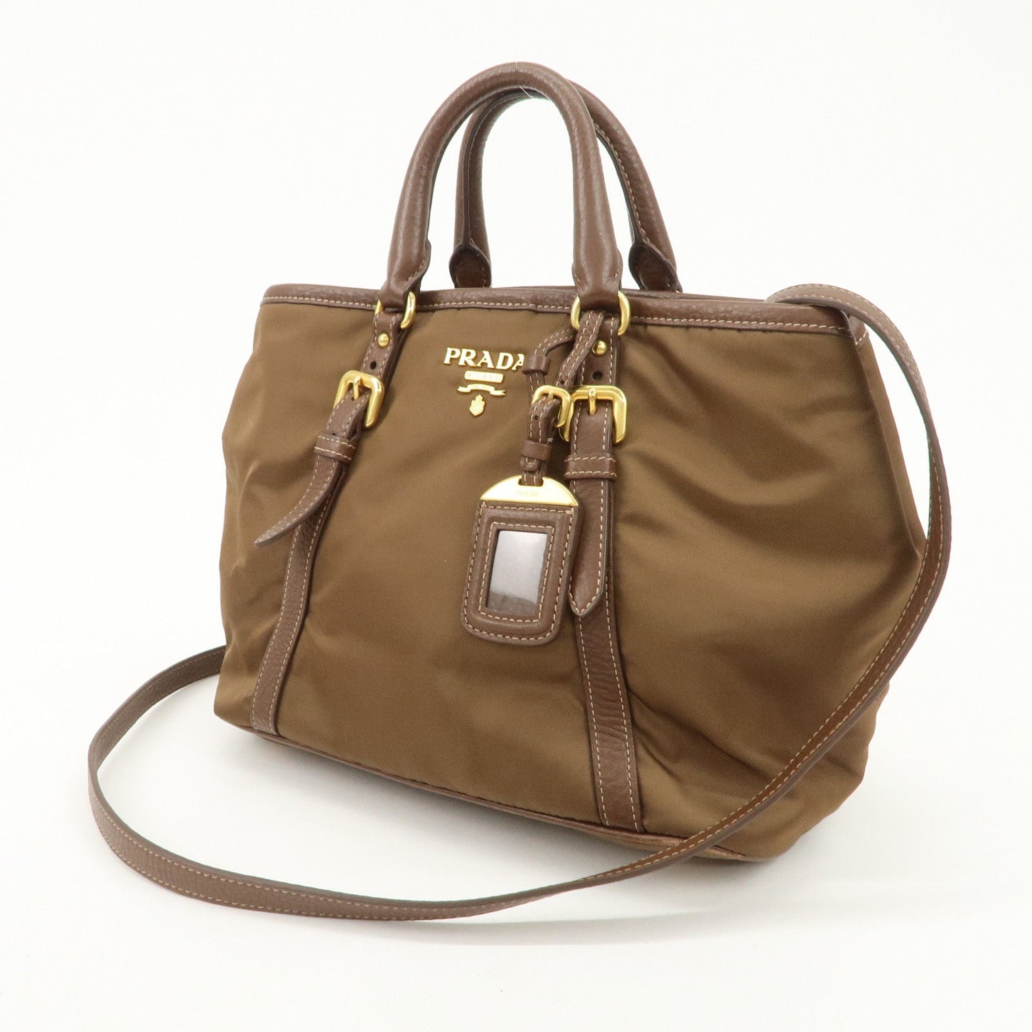 PRADA Logo Nylon Leather 2Way Tote Bag Shoulder Bag Brown BN1841